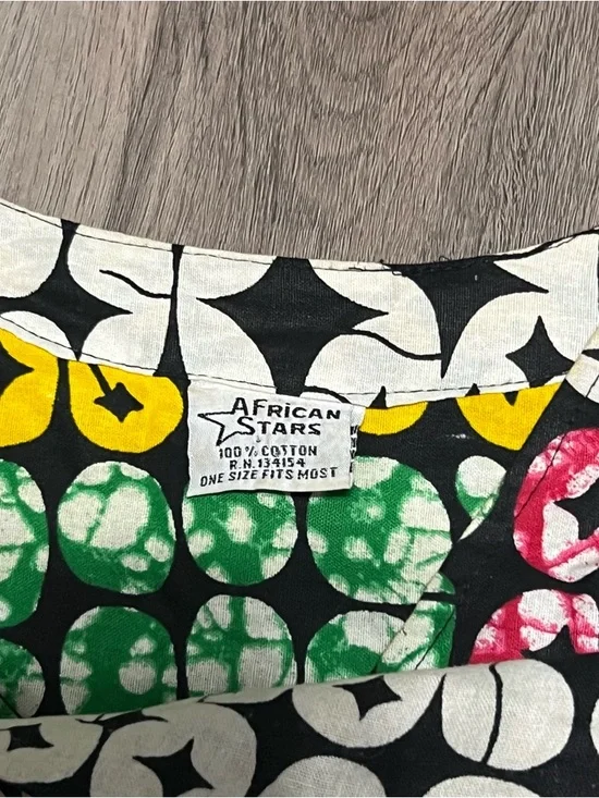 African Stars One Size Maxi Dress White Green Long Sleeve Cotton Tribal Ethnic - Picture 3 of 11